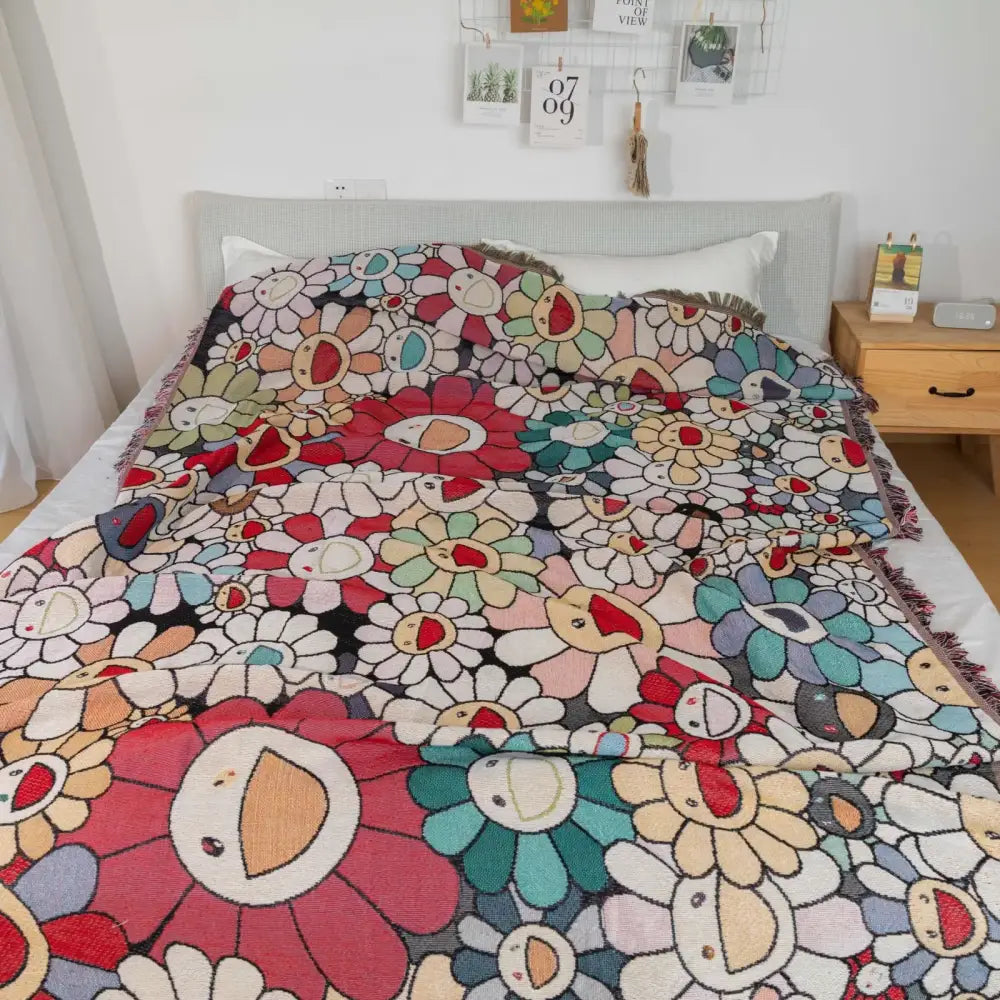 Abstract face pattern throw blanket off white bedroom decor