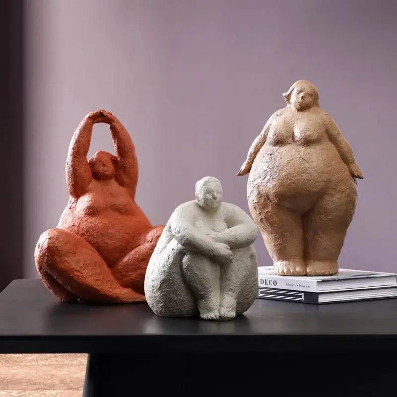 Abstract terracotta & gray fat lady figurines living room decor