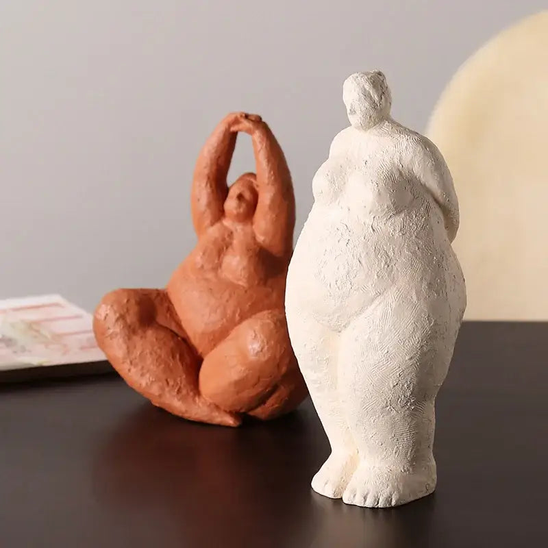 Abstract terracotta & gray fat lady figurines living room decor