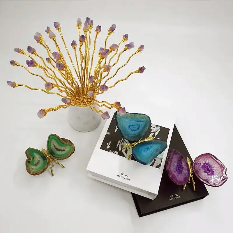 Decorbites agate butterfly ornament set living room brass decor