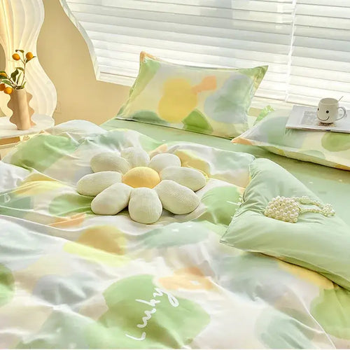 Abstract green & yellow aloe cotton printed bedding set bedroom