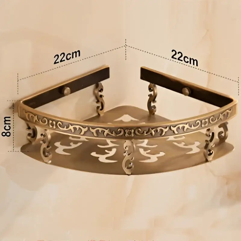 Antique gold ornate two tier bathroom corner shelf with towel bar