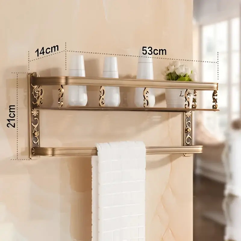 Antique gold ornate two tier bathroom corner shelf with towel bar