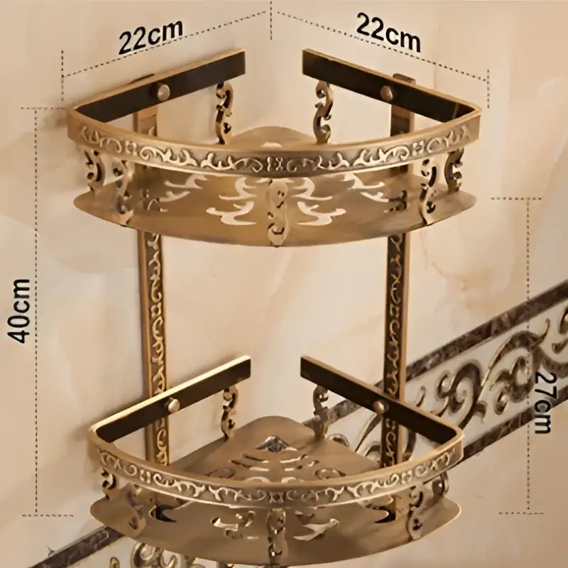 Antique gold ornate two tier bathroom corner shelf with towel bar