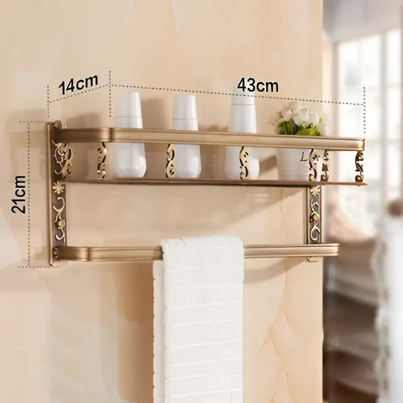 Antique gold ornate two tier bathroom corner shelf with towel bar