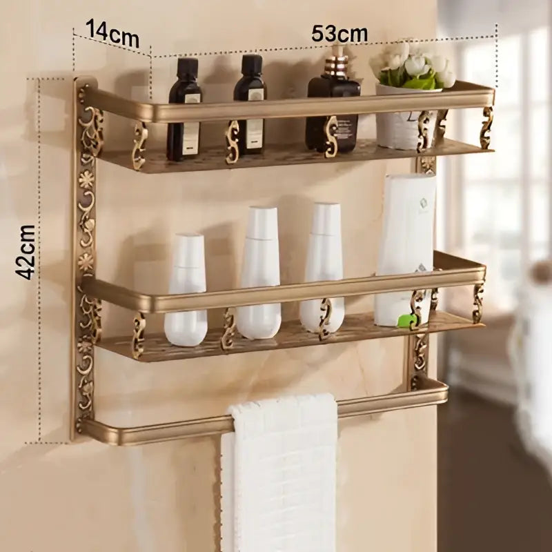 Antique gold ornate two tier bathroom corner shelf with towel bar
