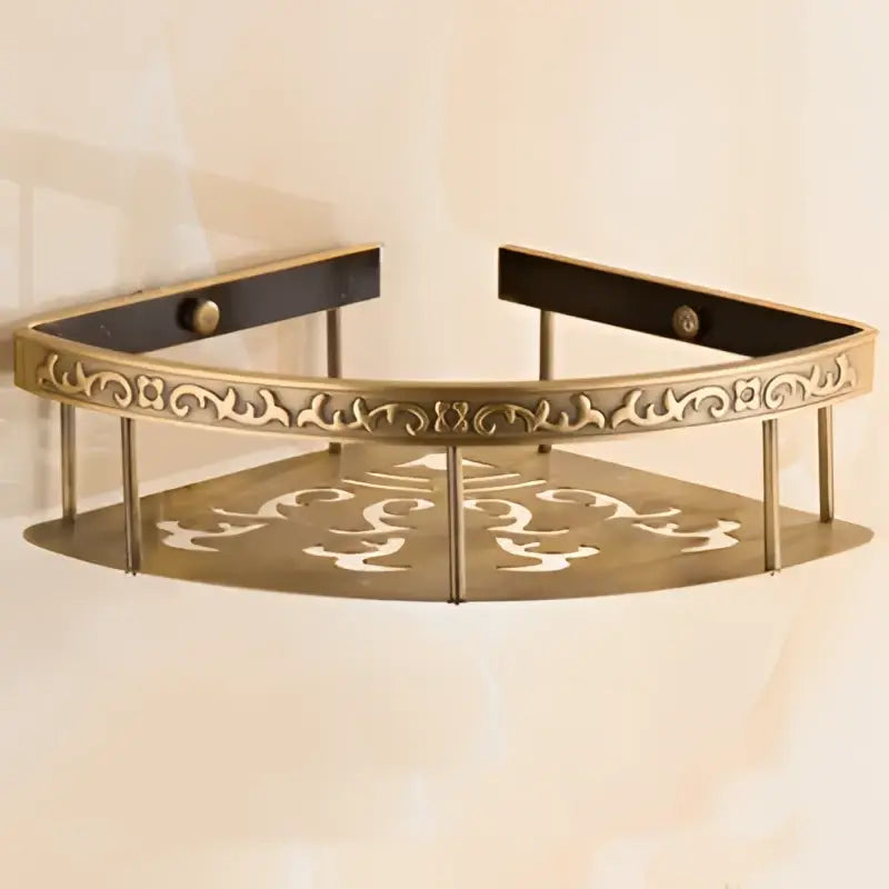 Antique gold ornate two tier bathroom corner shelf with towel bar