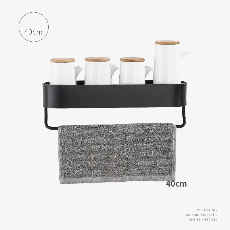 Black aluminum bathroom shelf with towel bar – bathroom organizer