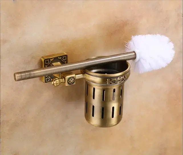 Antique brass ornate toilet brush holder set with ceramic cup bathroom