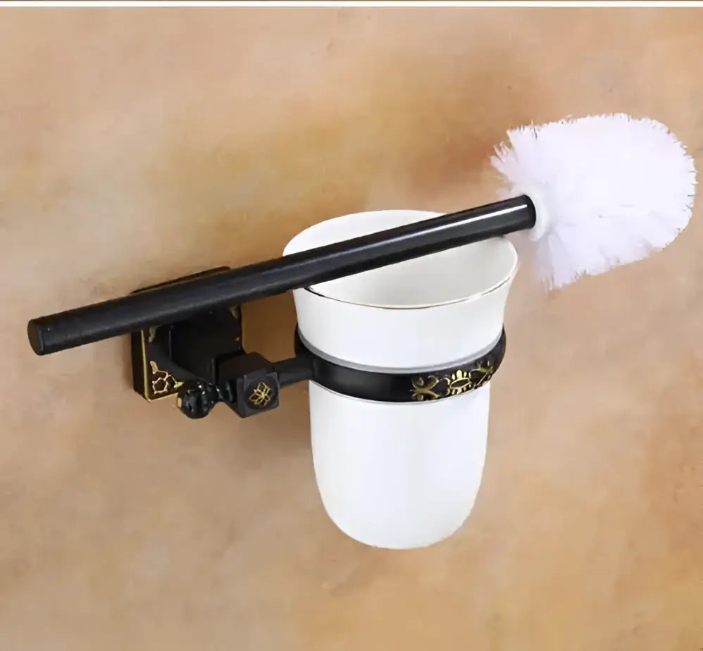 Antique brass ornate toilet brush holder set with ceramic cup bathroom