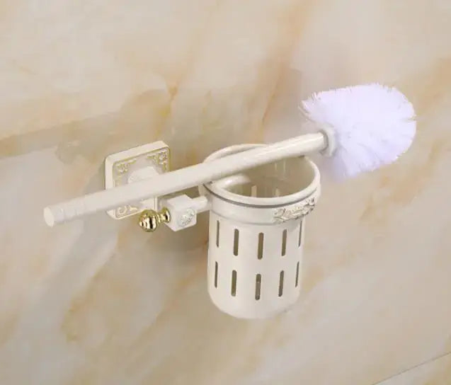 Antique brass ornate toilet brush holder set with ceramic cup bathroom
