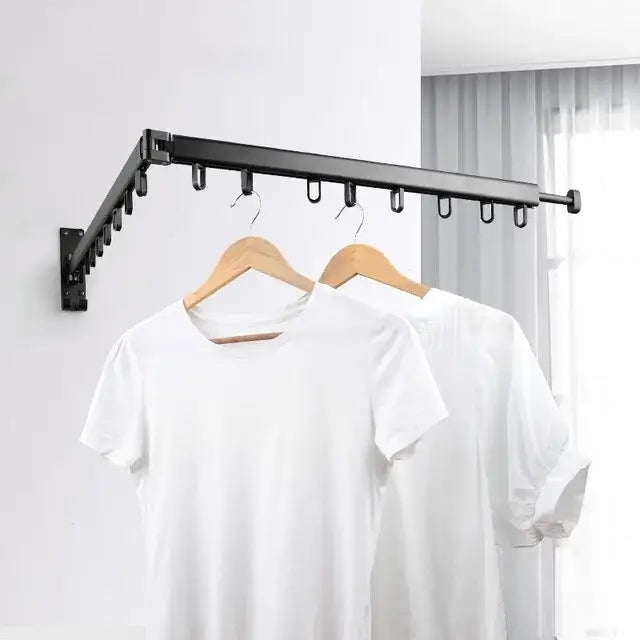 Black foldable aluminum clothing hanger rack laundry room wall mount