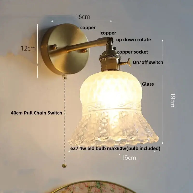 Amber flower glass wall light brass pull chain kitchen sconce