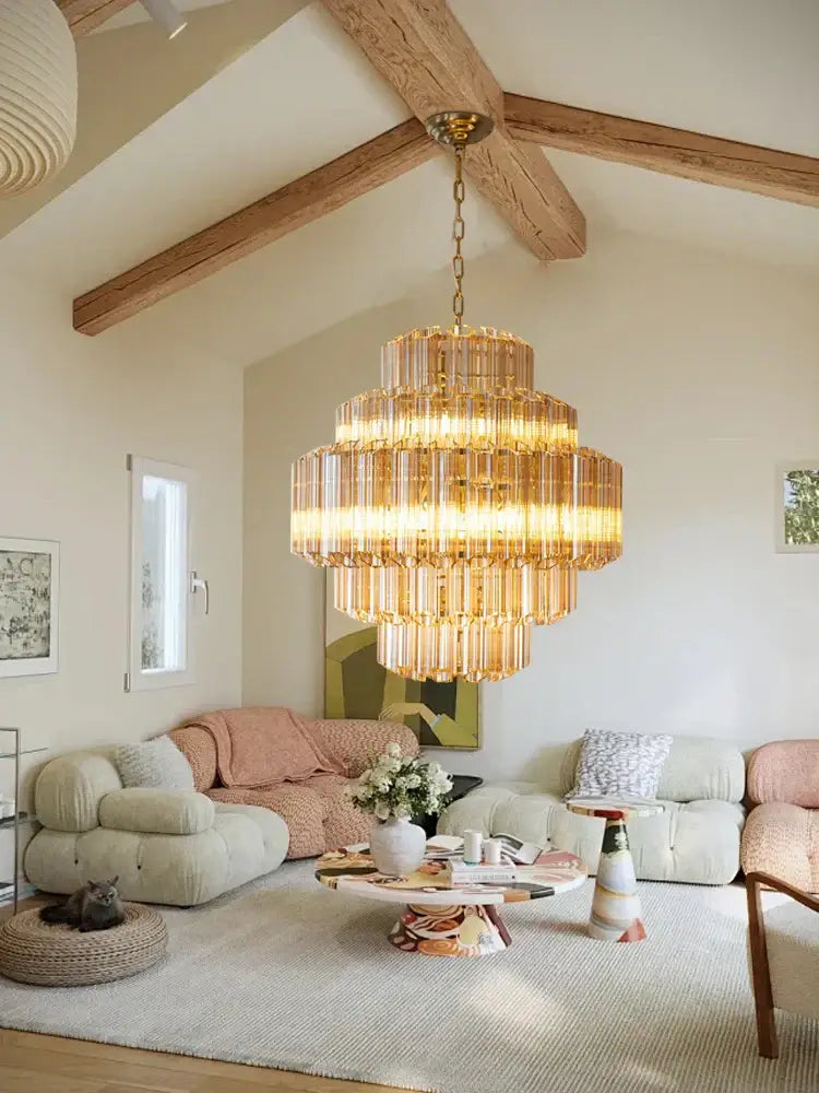Vintage amber glass ceiling chandelier dining room gold tiered light