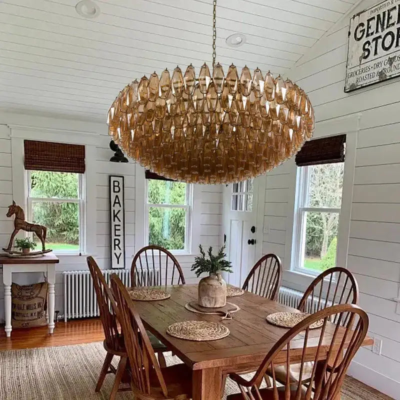 Vintage shell amber glass ceiling chandelier dining room pendant