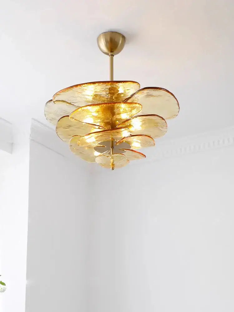 Vintage amber glass chandelier living room layered petal hanging lamp