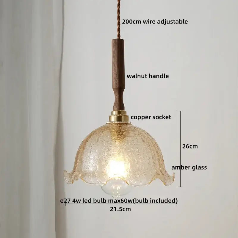 Amber glass led pendant light copper & walnut dining room