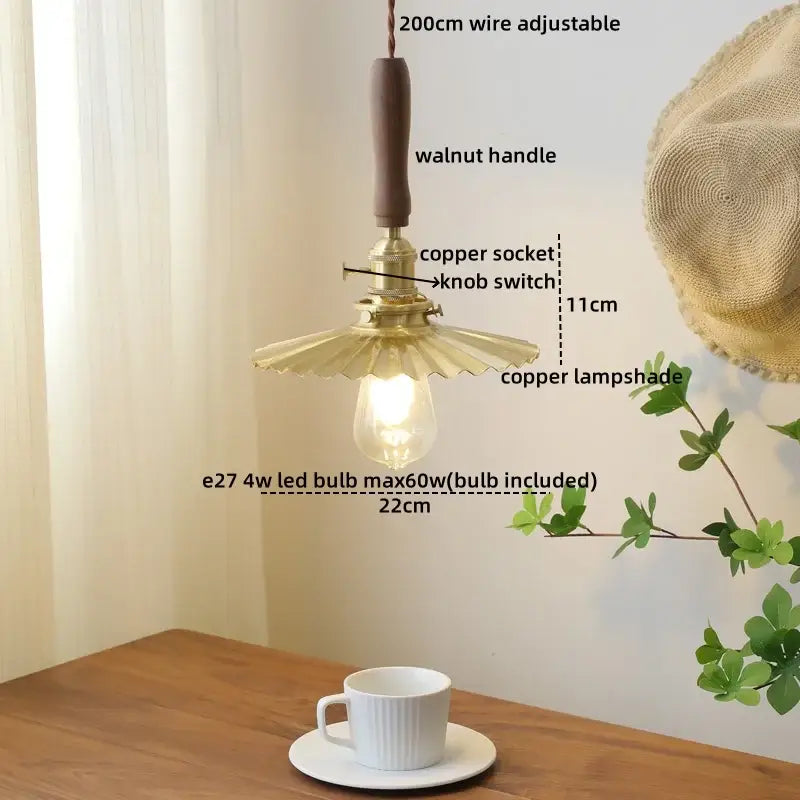 Amber glass led pendant light copper & walnut dining room