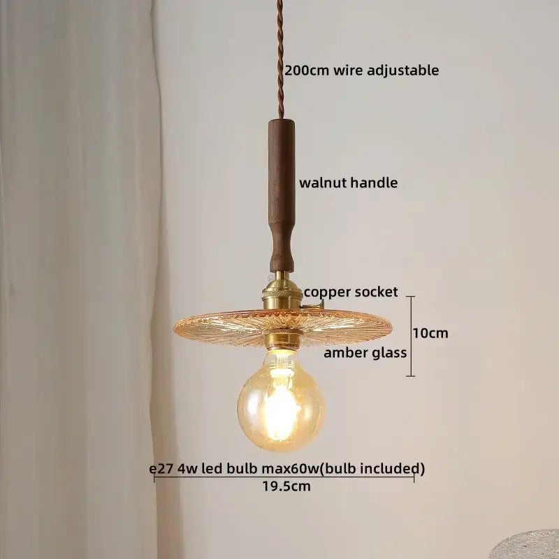 Decorbites amber glass led pendant light with walnut dining room