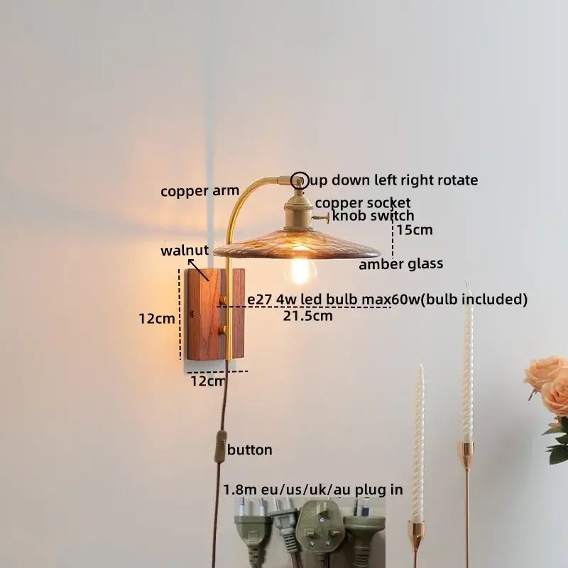 Antique brass and amber glass wall lamp bedroom sconce