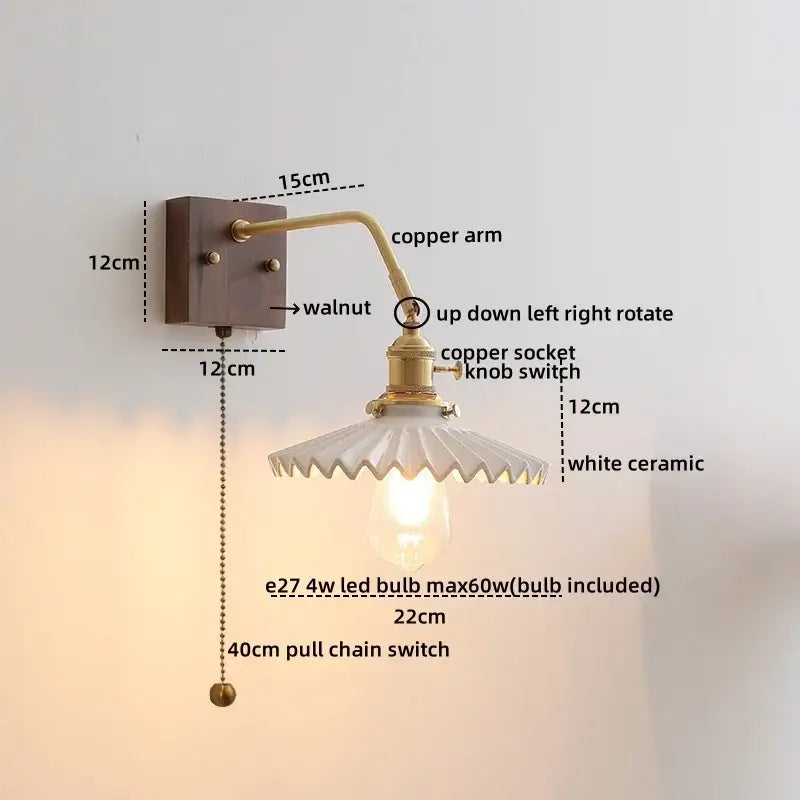 Antique brass and amber glass wall lamp bedroom sconce