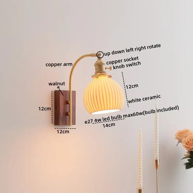 Antique brass and amber glass wall lamp bedroom sconce