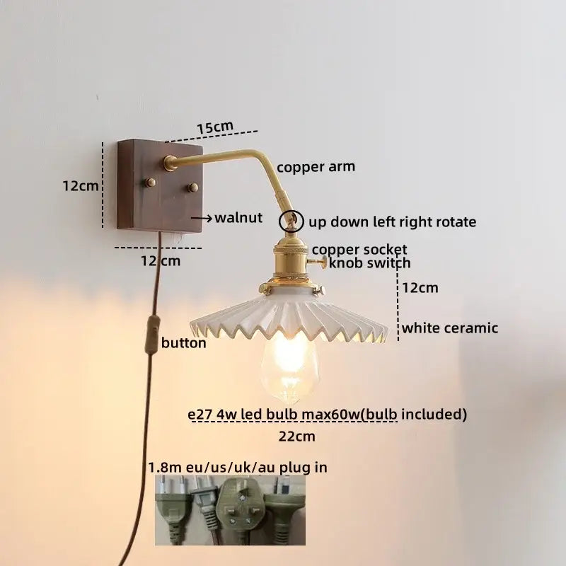 Antique brass and amber glass wall lamp bedroom sconce