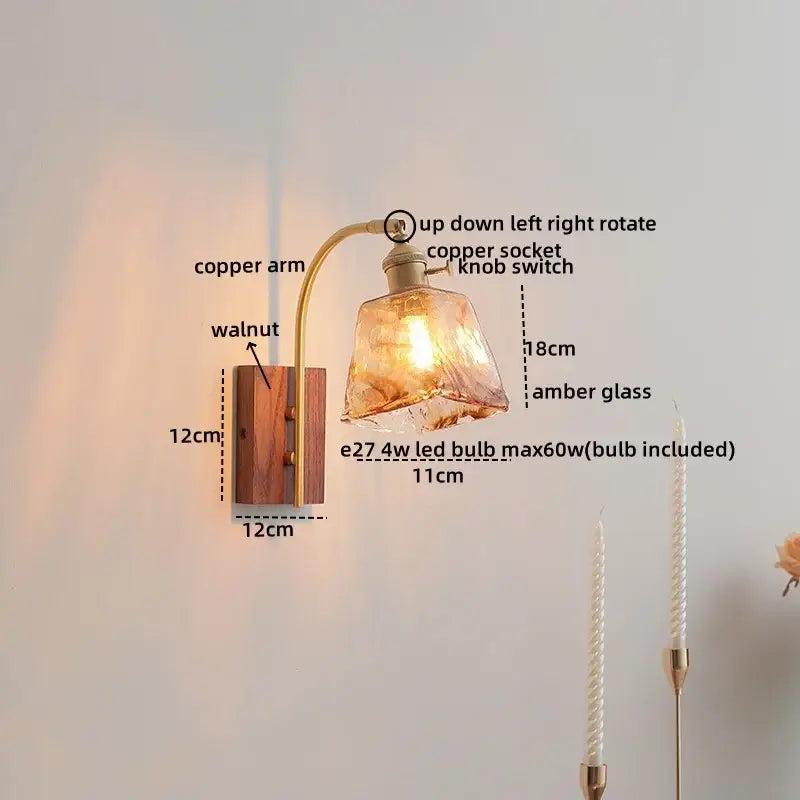 Antique brass and amber glass wall lamp bedroom sconce