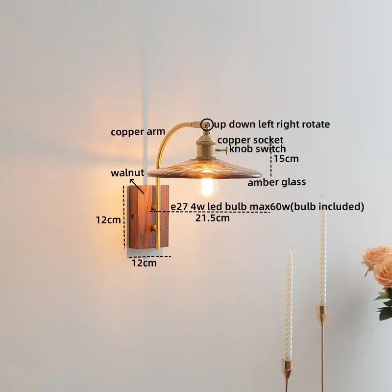 Antique brass and amber glass wall lamp bedroom sconce