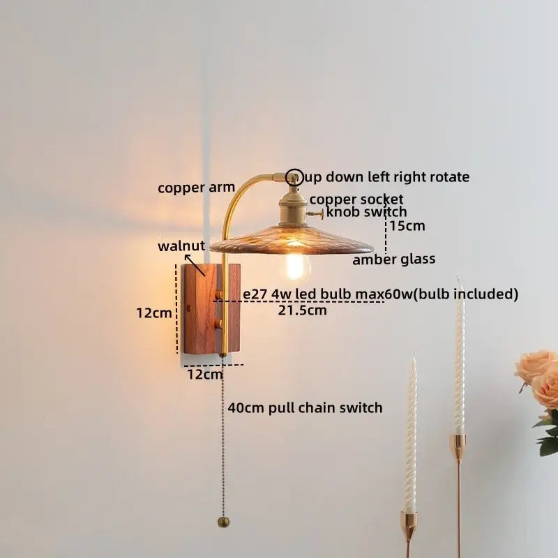 Antique brass and amber glass wall lamp bedroom sconce
