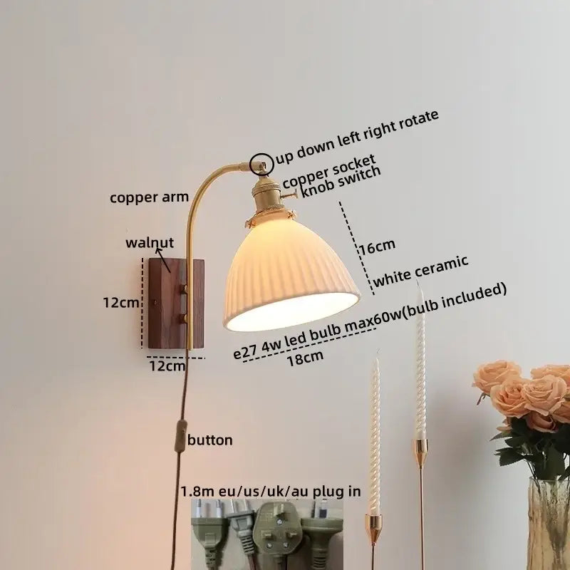 Antique brass and amber glass wall lamp bedroom sconce