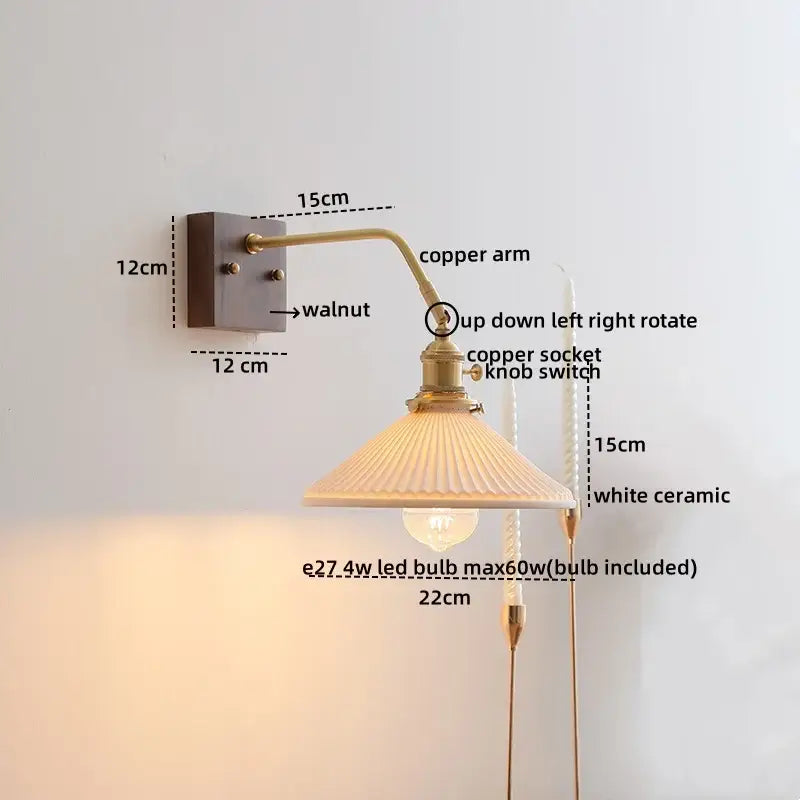 Antique brass and amber glass wall lamp bedroom sconce