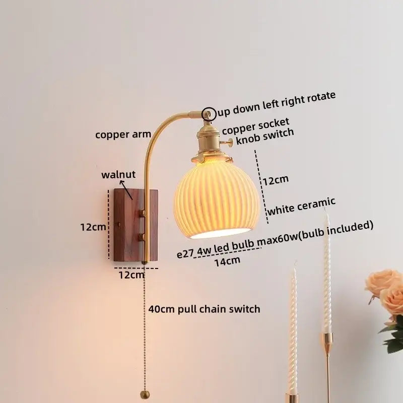 Antique brass and amber glass wall lamp bedroom sconce