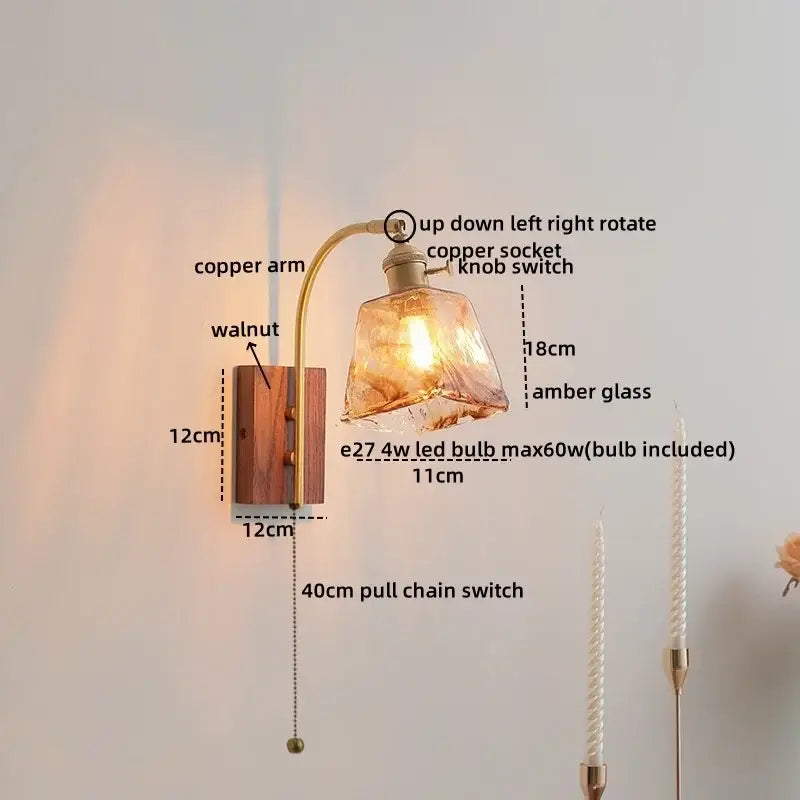 Antique brass and amber glass wall lamp bedroom sconce