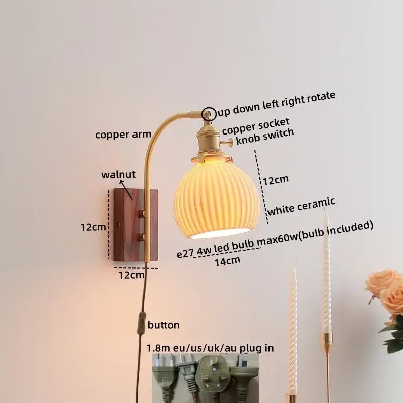 Antique brass and amber glass wall lamp bedroom sconce