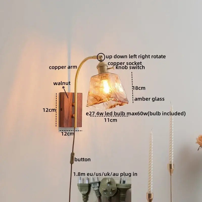 Antique brass and amber glass wall lamp bedroom sconce