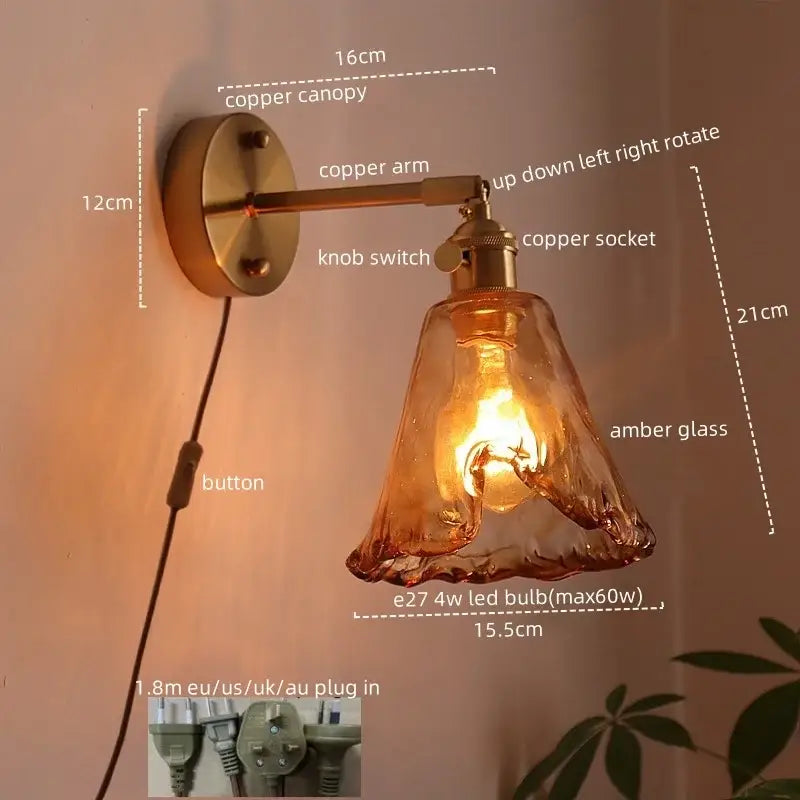 Brass brass amber glass led wall lamps for living room