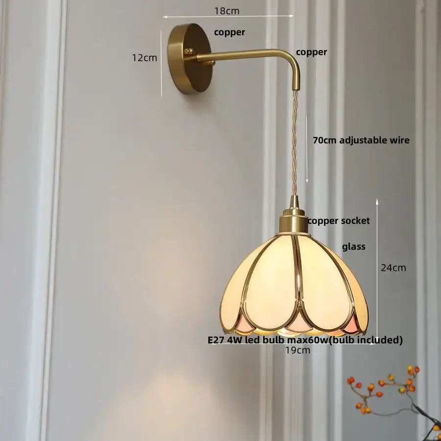 Antique brass amber glass led wall light for bedroom staircase