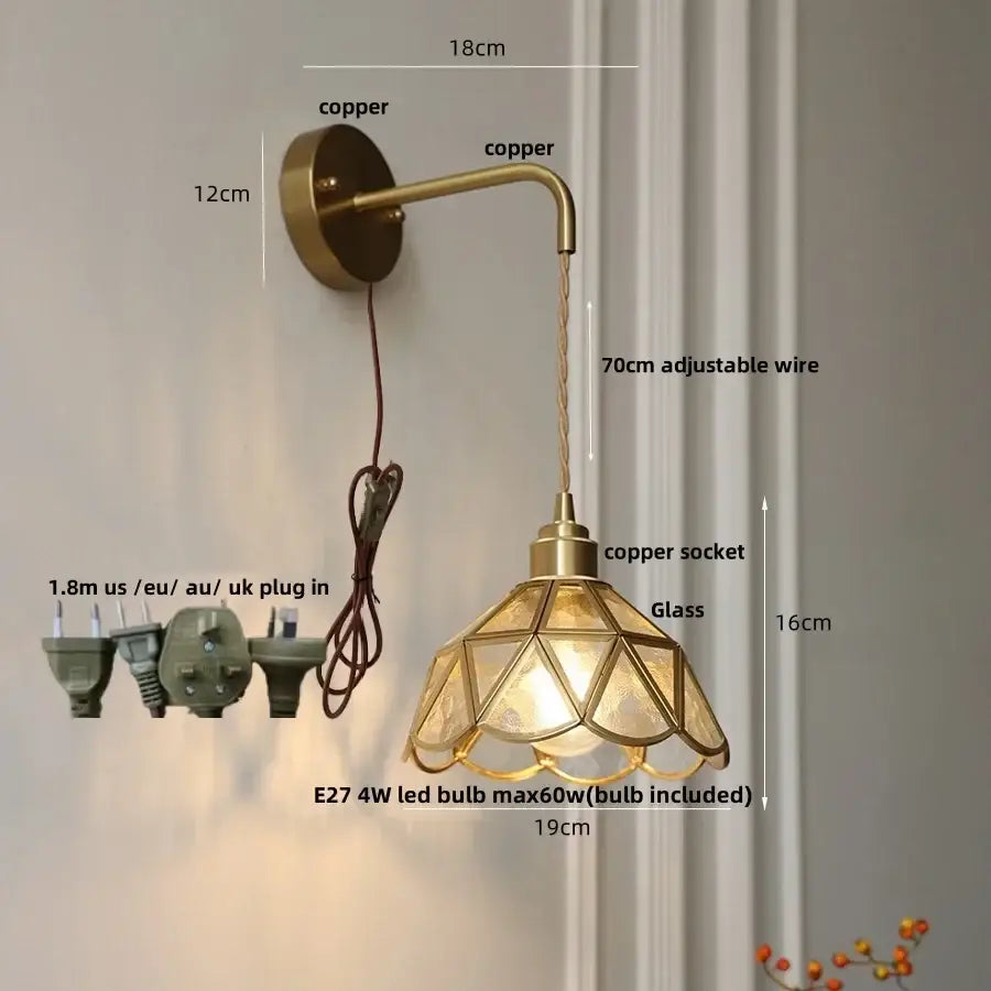 Antique brass amber glass led wall light for bedroom staircase