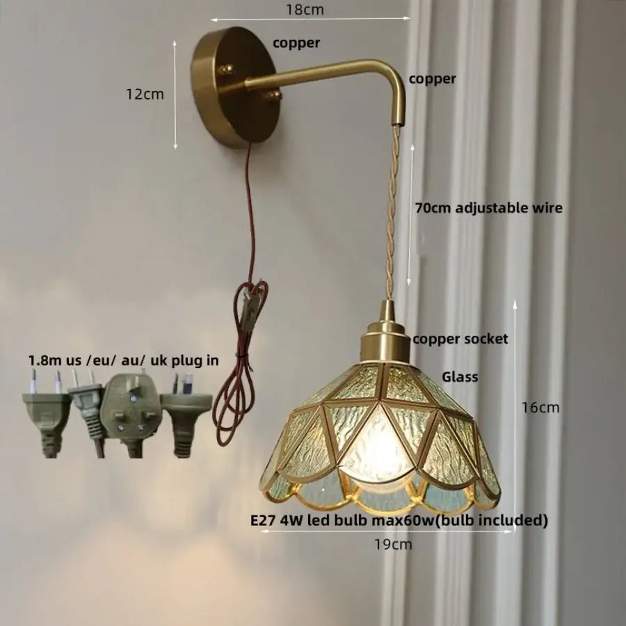 Antique brass amber glass led wall light for bedroom staircase