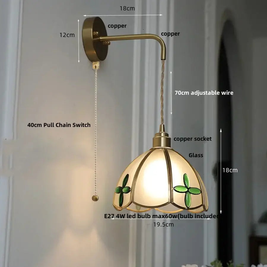 Antique brass amber glass led wall light for bedroom staircase