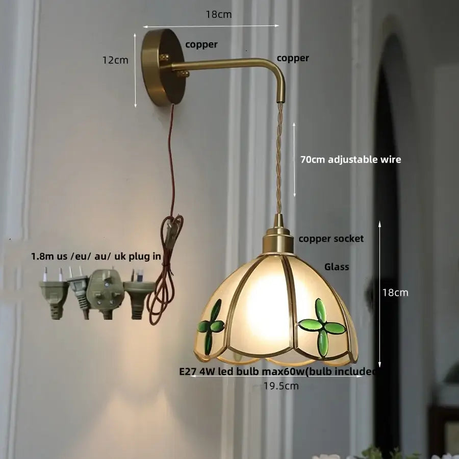 Antique brass amber glass led wall light for bedroom staircase