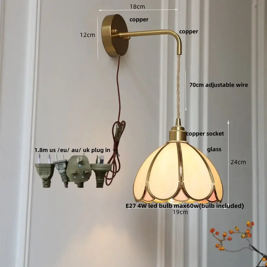 Antique brass amber glass led wall light for bedroom staircase