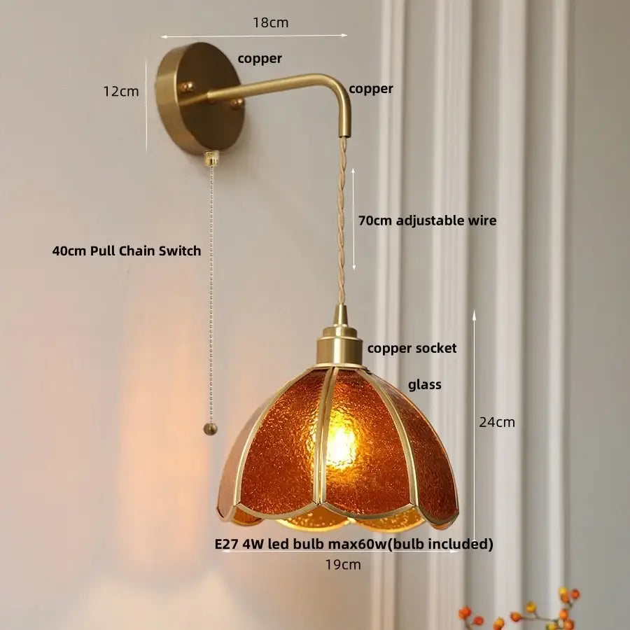 Antique brass amber glass led wall light for bedroom staircase