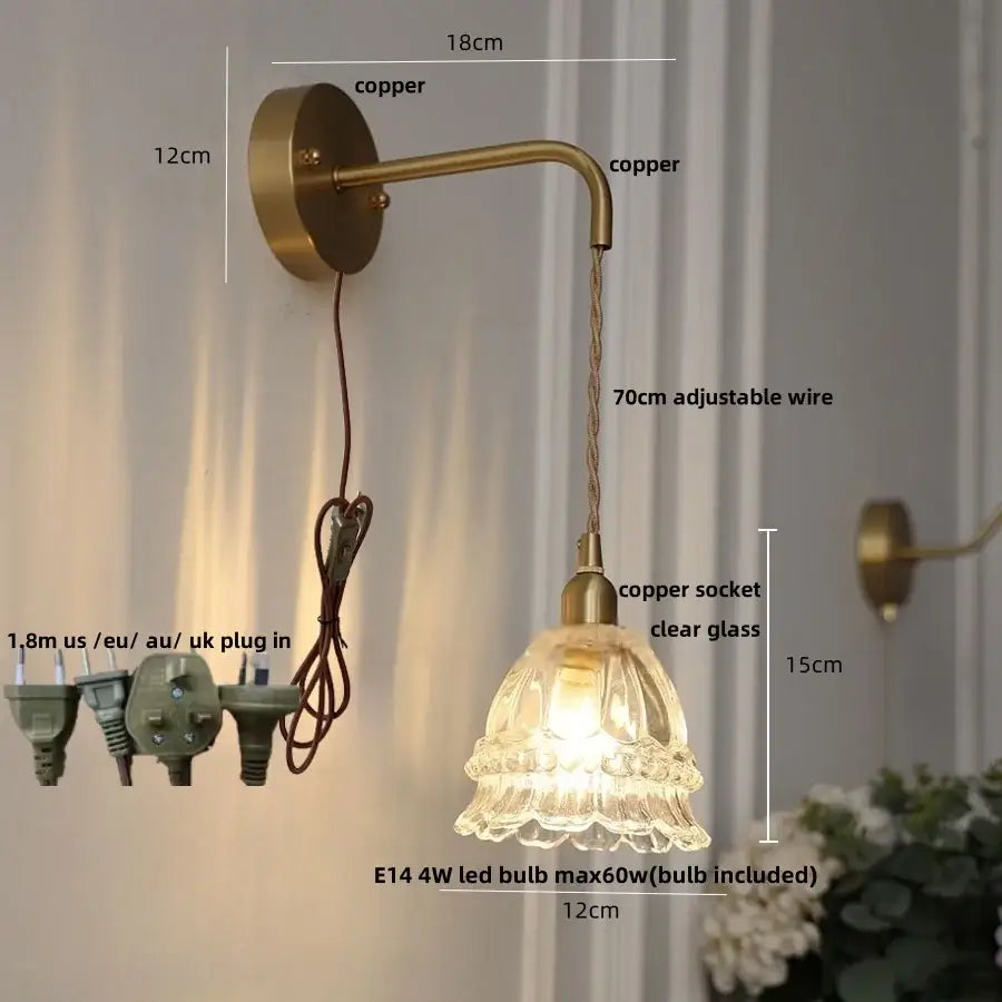 Antique brass flower glass led wall light – bedroom sconce