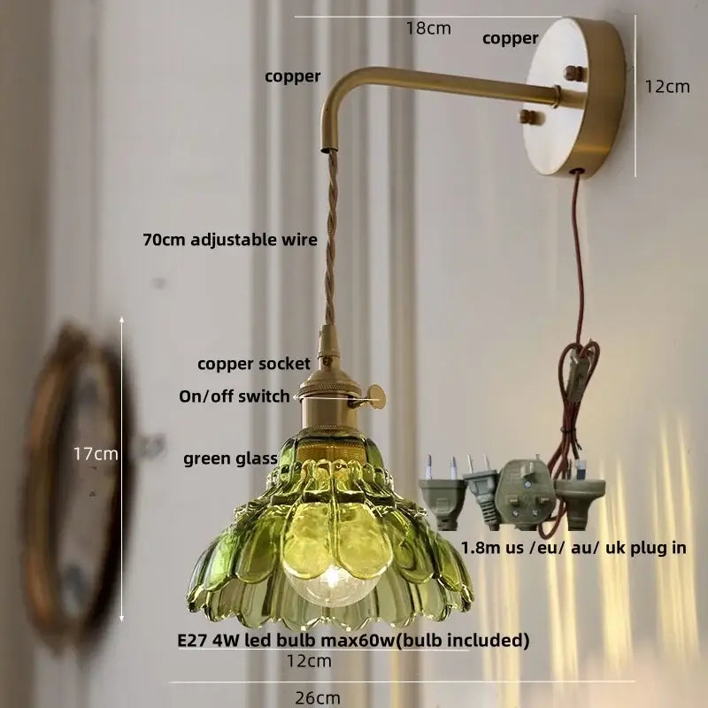 Antique brass flower glass led wall light – bedroom sconce