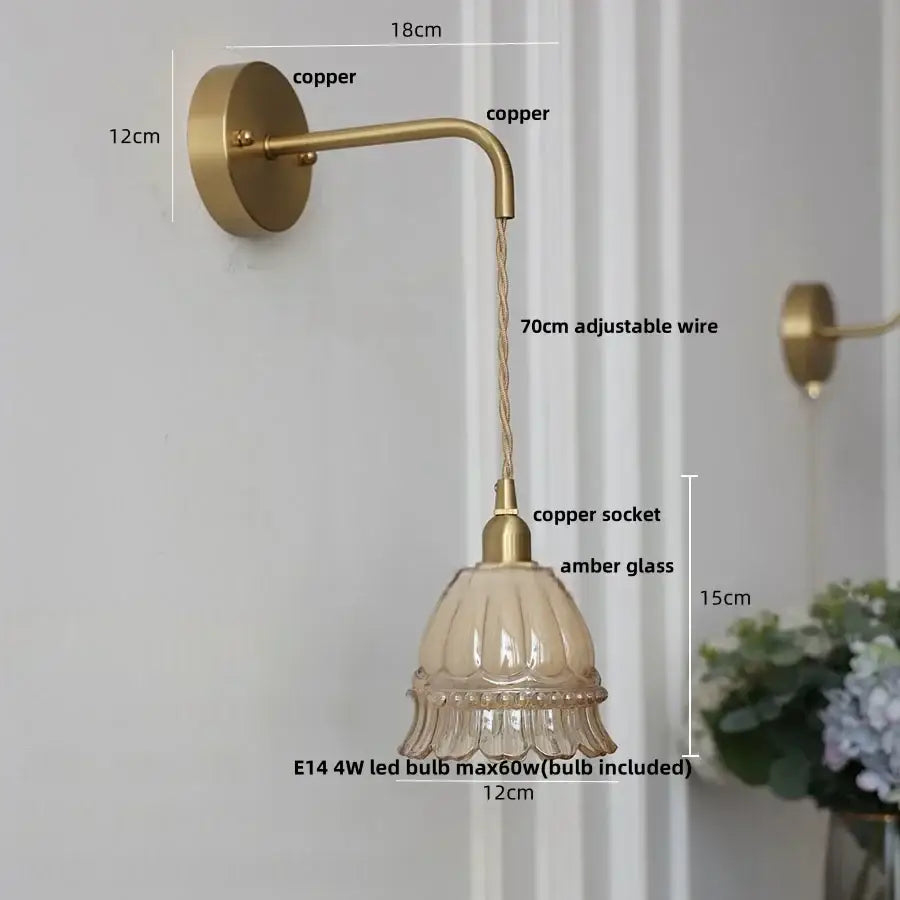 Antique brass flower glass led wall light – bedroom sconce
