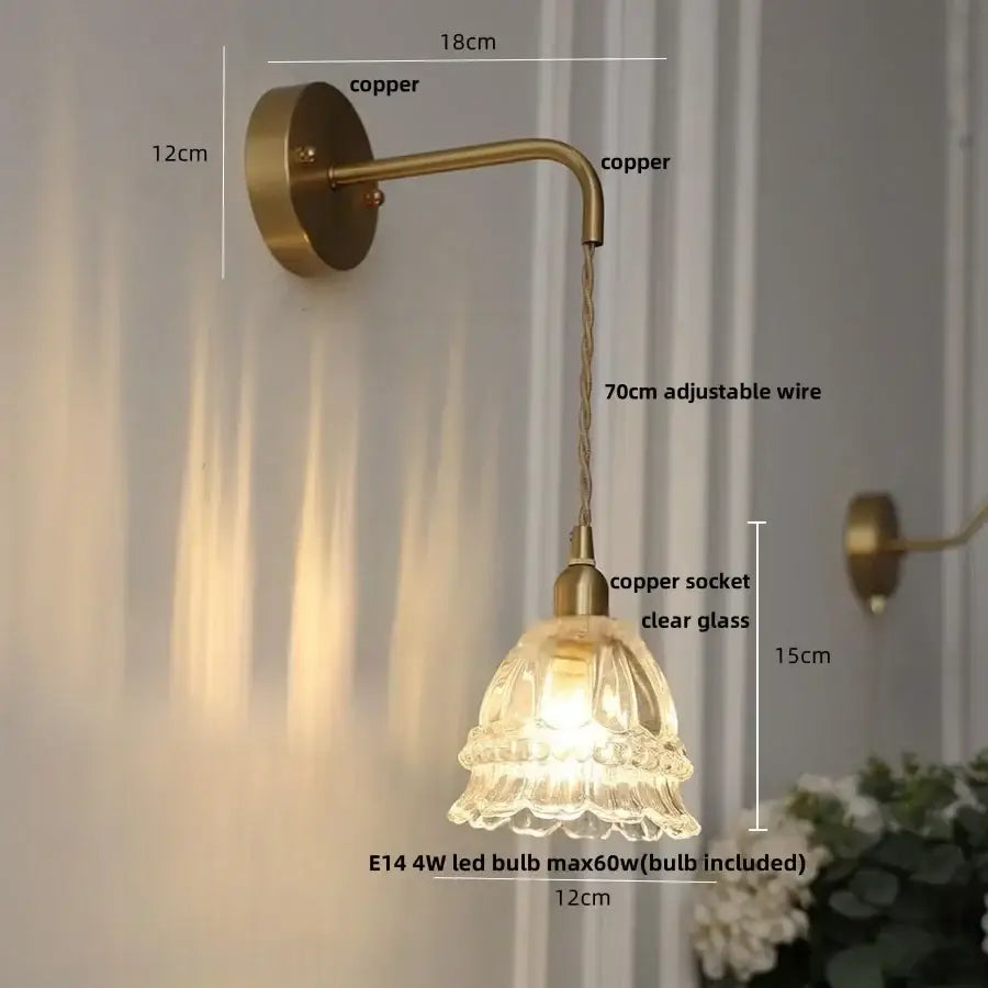 Antique brass flower glass led wall light – bedroom sconce