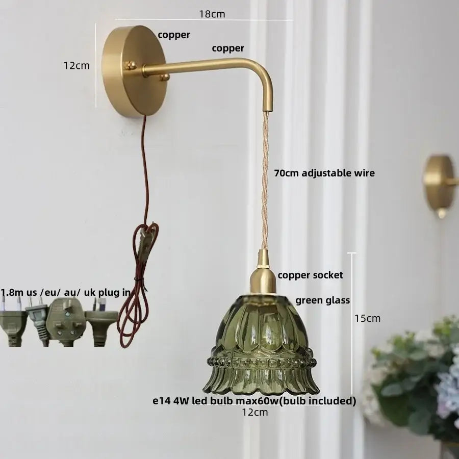 Antique brass flower glass led wall light – bedroom sconce