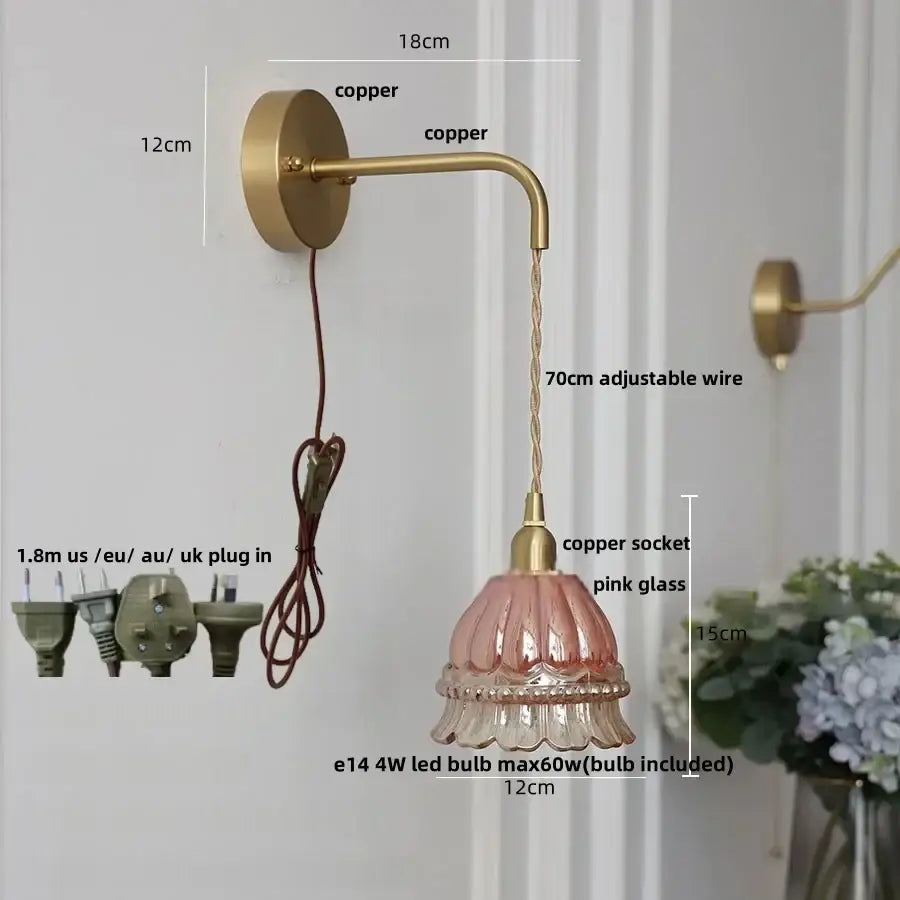 Antique brass flower glass led wall light – bedroom sconce